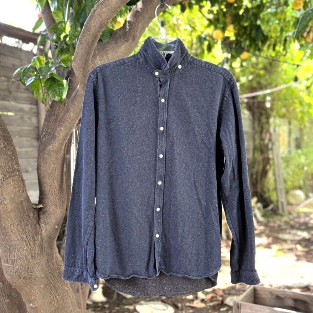 Oliver Spencer Clerkenwell Navy Silk Cotton Textured LS Button Down Shirt SZ 16